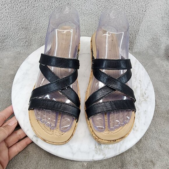 Crocs Shoes Womens Size 7 A Leigh Black Leather Slip On Wedge Sandals *GUC* - Picture 3 of 12